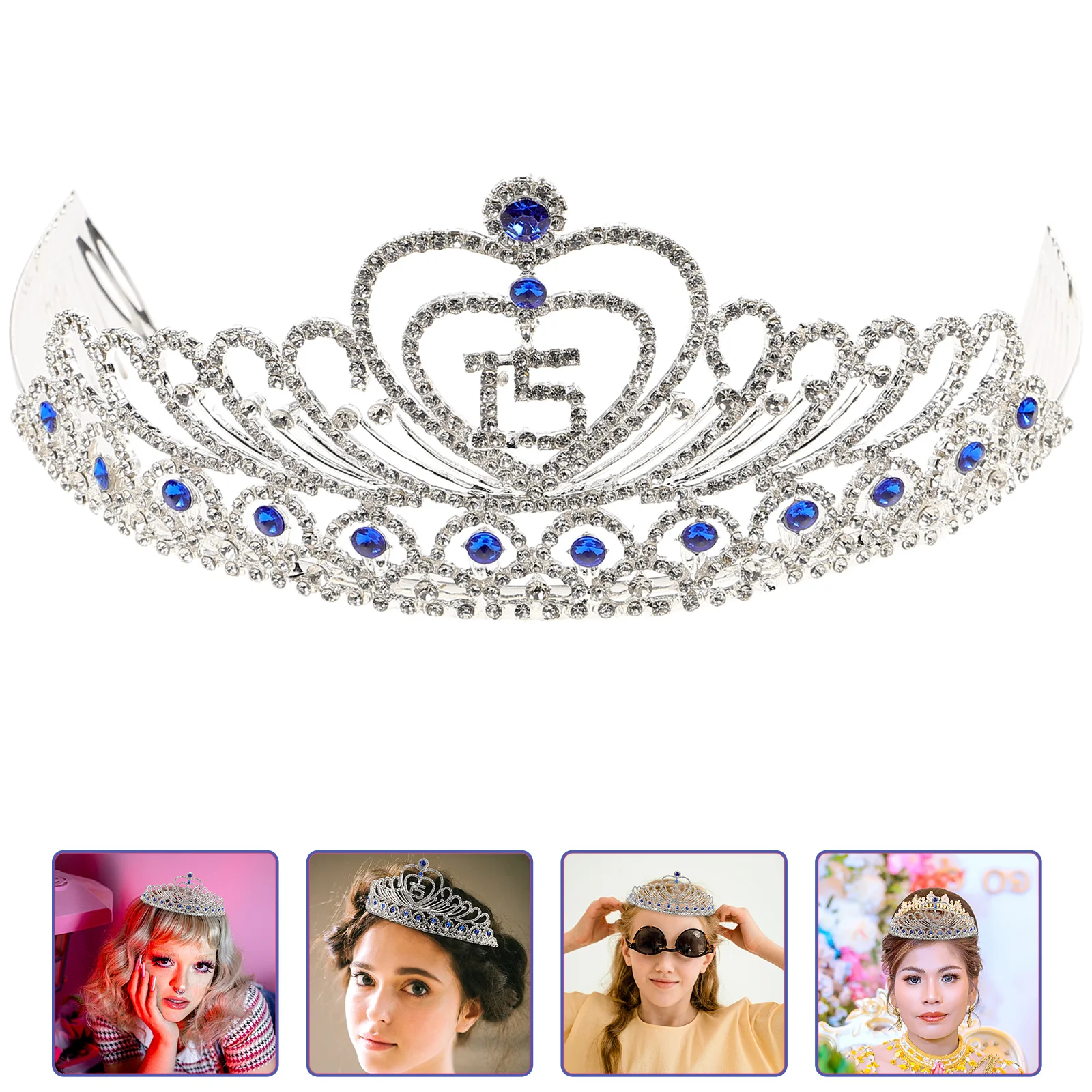 

15th Birthday Quinceanera Tiara with Comb Rhinestone Headband for Birthday Prom Party ( Blue )