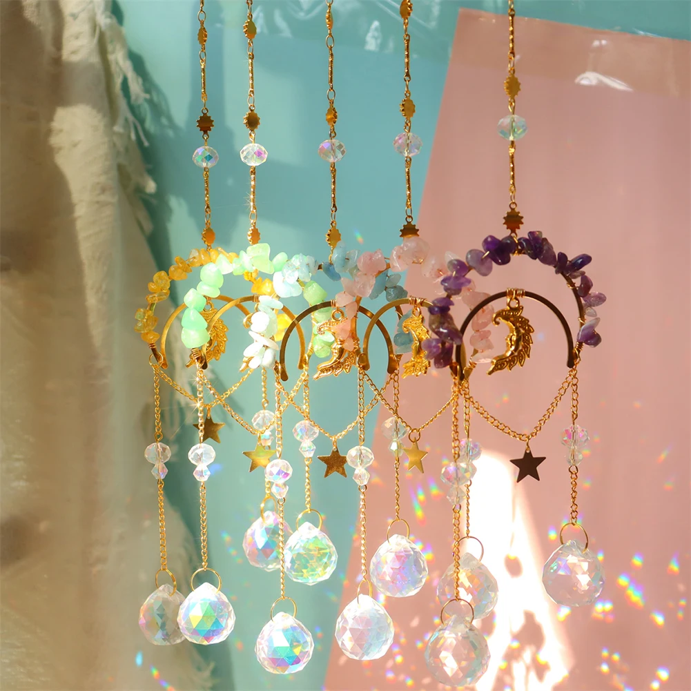 

Wind Chime Crystal Light Catcher Hanging Ornament Natural Stone Star Moon Prism Metal Frame Lighting Jewelry Home Room Decor