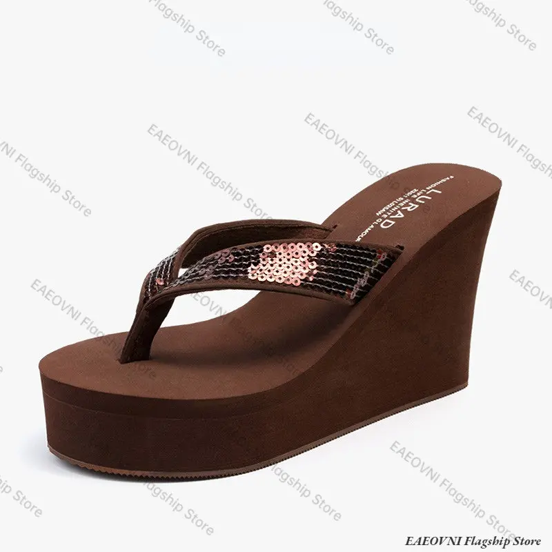New Summer Sequin Decoration Ladies Flip-Flops Muffin Slope Comfortable Beautiful Vacation Sandals High Heel 10CM Slippers Women
