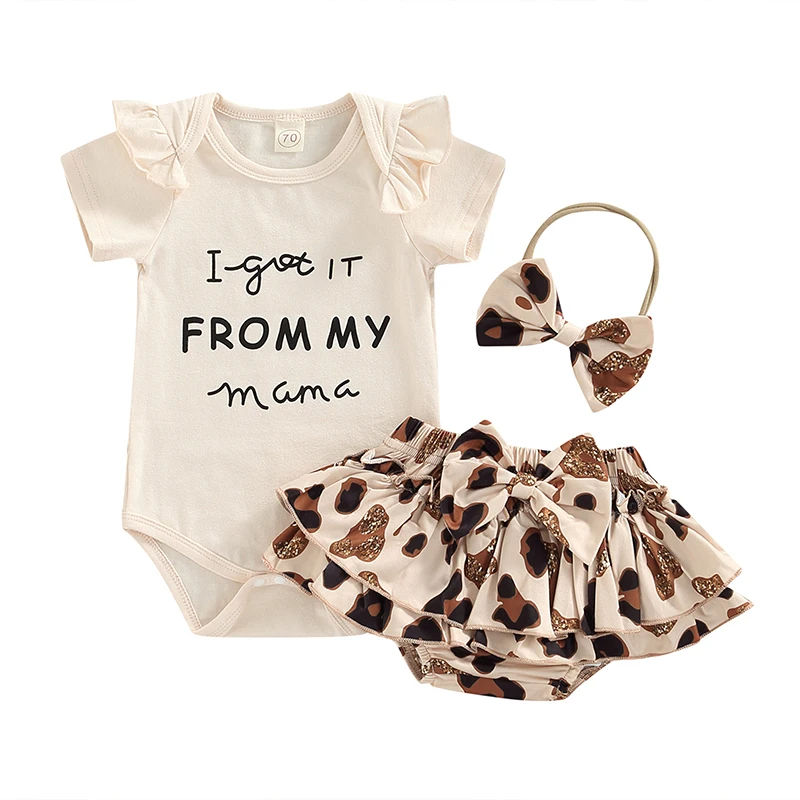 

Newborn Baby Girl Short Pants Outfits Short Sleeve Letter Printed Ruffles Decor Romper + Leopard Shorts + Bow-Knot Headband Set