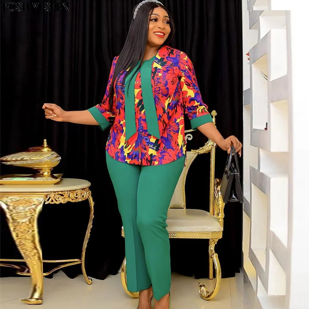 

Two Piece Set Women Tracksuit Summer Clothes African Dresses for Women Casual Party Long Sleeve Tops Wide Leg Pants Suit Outfits