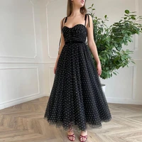 fashion black tea length evening dresses sexy sweetheart a line spaghetti straps dot tulle formal prom dress robe de soir%c3%a9e