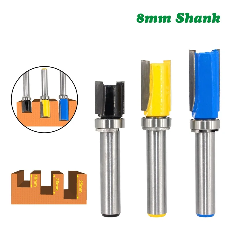 1pcs 8mm Shank Flush Trim Router Bit Pattern Bit Top Bottom Bearing 1/2" Blade Template Wood Milling Cutter Carpenter