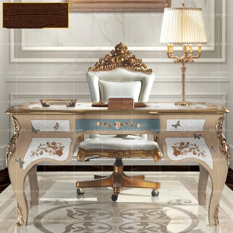 

European Style Study Set Combination Household Solid Wood Shell Mosaic Computer Table Bookcase Book Chairs Luxury Boss Tables