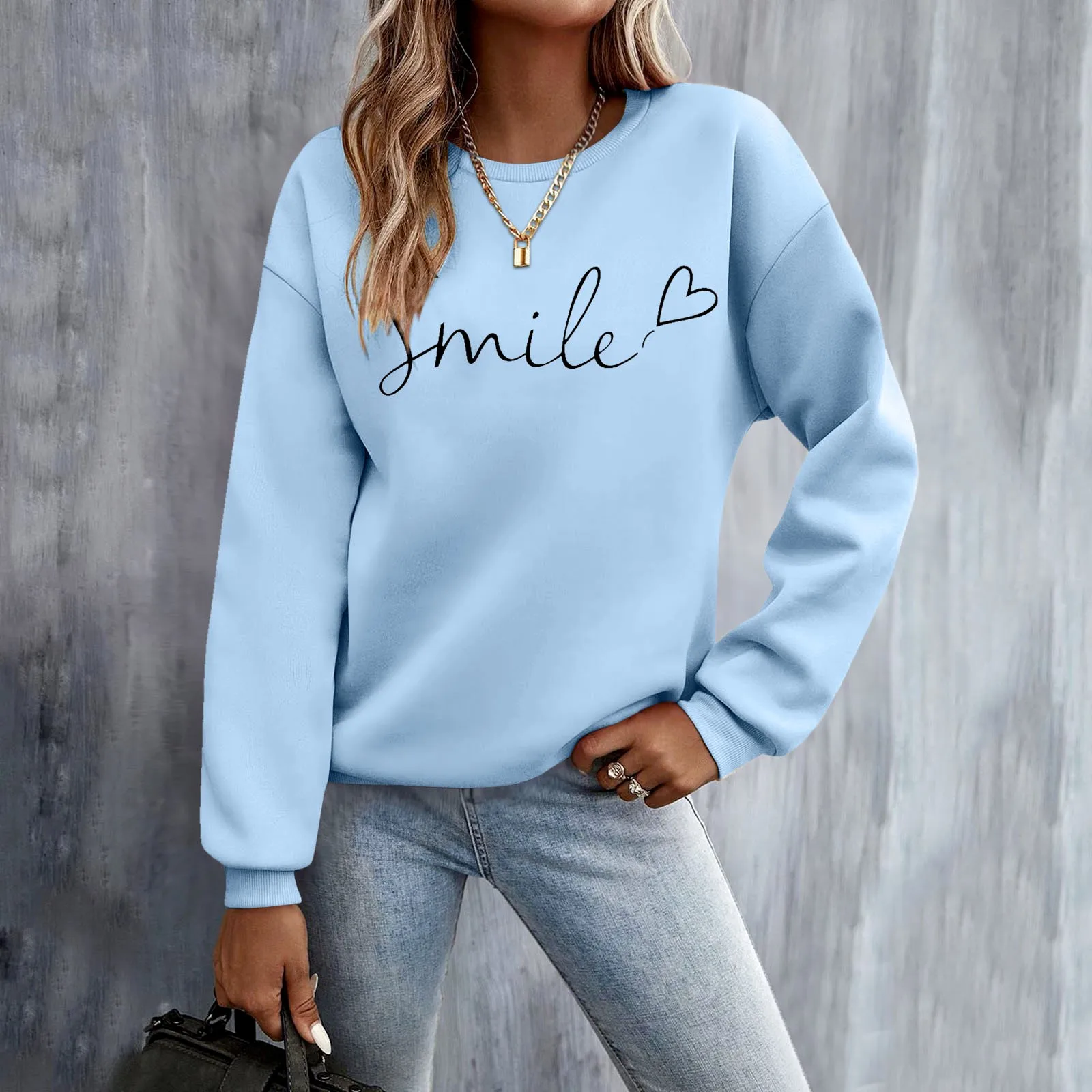 Smile Letter Print Pullover Sweatshirts Womens Outdoor Harajuku Long Sleeve O Neck Blouses Streetwear Sweatshirt Women