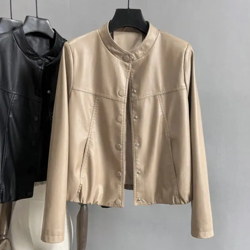 Korean Version of Fashion Plus Velvet Warm PU Female Leather Clothing Autumn and Winter Leisure Show Thin Foreign Style Leather