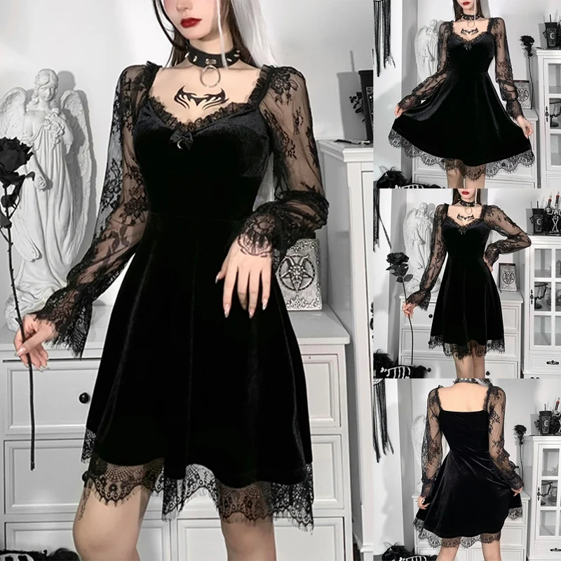 

Goth Moon Sexy Dress V Neck Vintage Mini Dress Harajuku Long Sleeve Women Autumn Party Wear Black