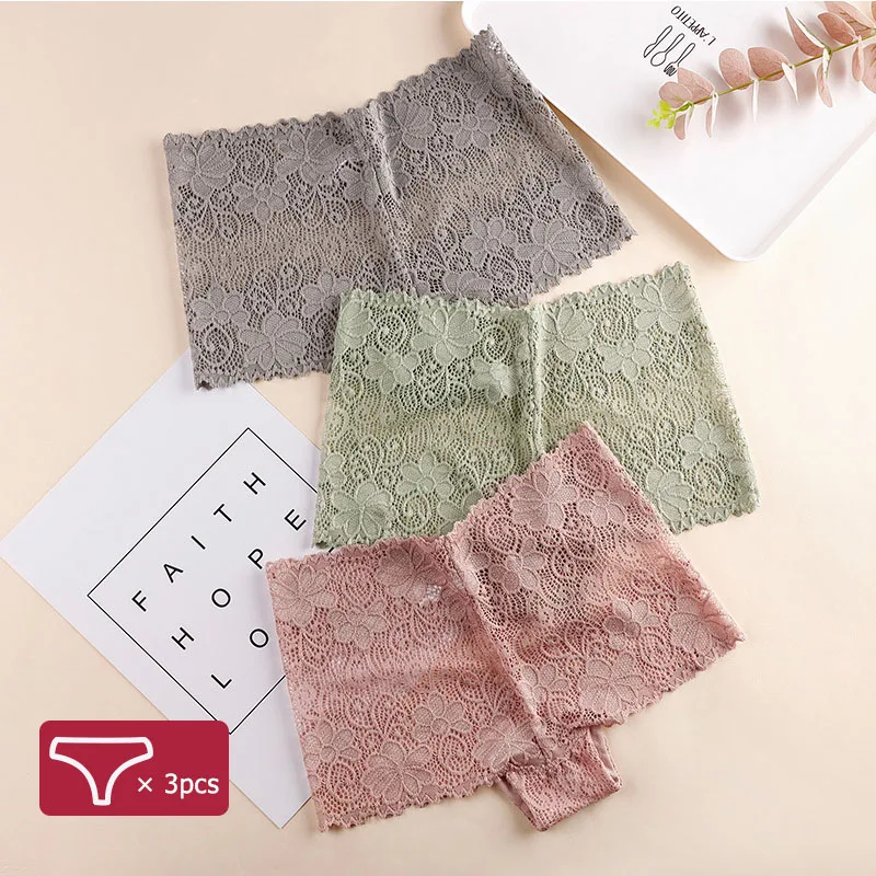 

3pcs Women Soft Lace Boyshorts Sexy Hollow Out See Through Panties Mid Waist Underwear Thin Breathable Briefs Seamless Lingerie