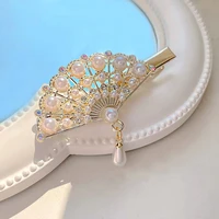 retro elegant super fairy fan shaped hair clip rhinestone pearl pendant side womens hair accessories gift headdress accessories