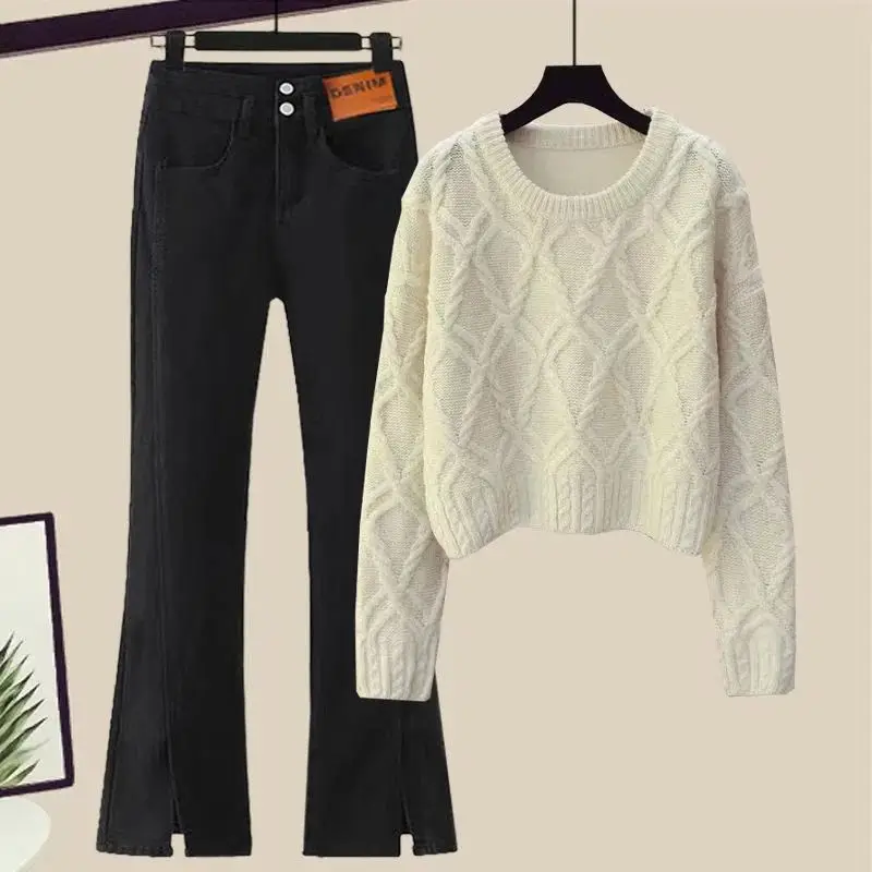 

Spring Autumn Single/Suit Women's New Style Lazy Style Loose Round Neck Fried Dough Twists Sweater Flare Jeans Two-piece Set