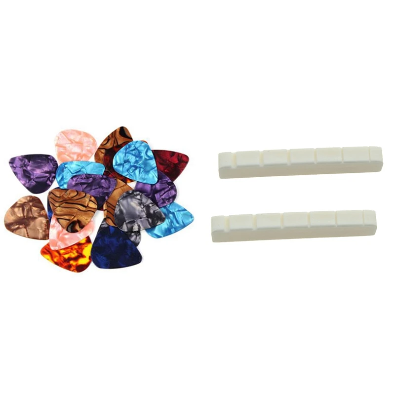 

Качество 2 шт. 6 струн электрическая гайка для Кости крупного рогатого скота сменная Прорезная пластина (43x6 мм, небеленая) с 100 шт. гитарных ме...