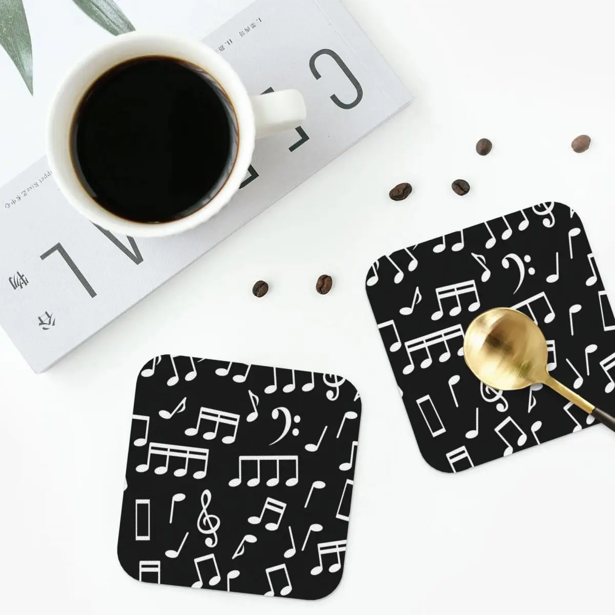 

White Music Notes On Black Background Coasters Kitchen Placemats Insulation Cup Coffee Mats Home Tableware Pads Set of 4