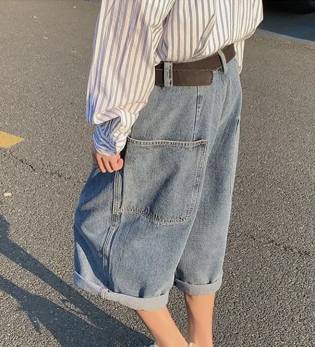 Summer Denim Shorts Men's High Street Jeans Wide Leg Calf-Length Pants Big Pocket Casual Straight Jeans