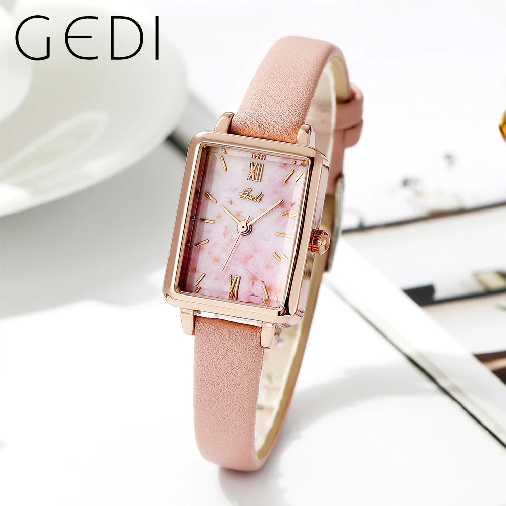 GEDI Rectangle Sakura Pink Women Watches Luxury Waterproof Ultra-thin Ladies Clock Leather Strap Fashion Quartz Wristwatches New