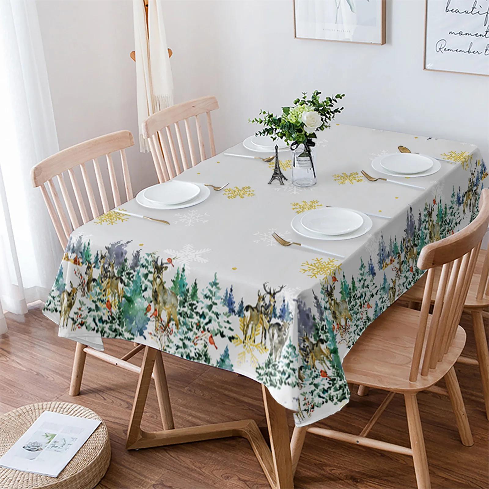 

Christmas Pine Tree Elk Forest Table Cloth Waterproof Dining Tablecloth Kitchen Decorative Party Table Cover