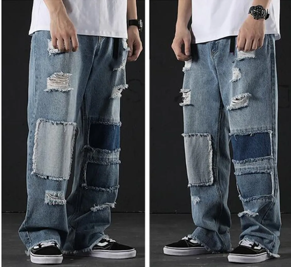 Japanese Loose Casual Straight Jeans Men's Broken Patchwork Beggar Trousers Hip Hop Moto Biker Fashion Vintage Denim Pants