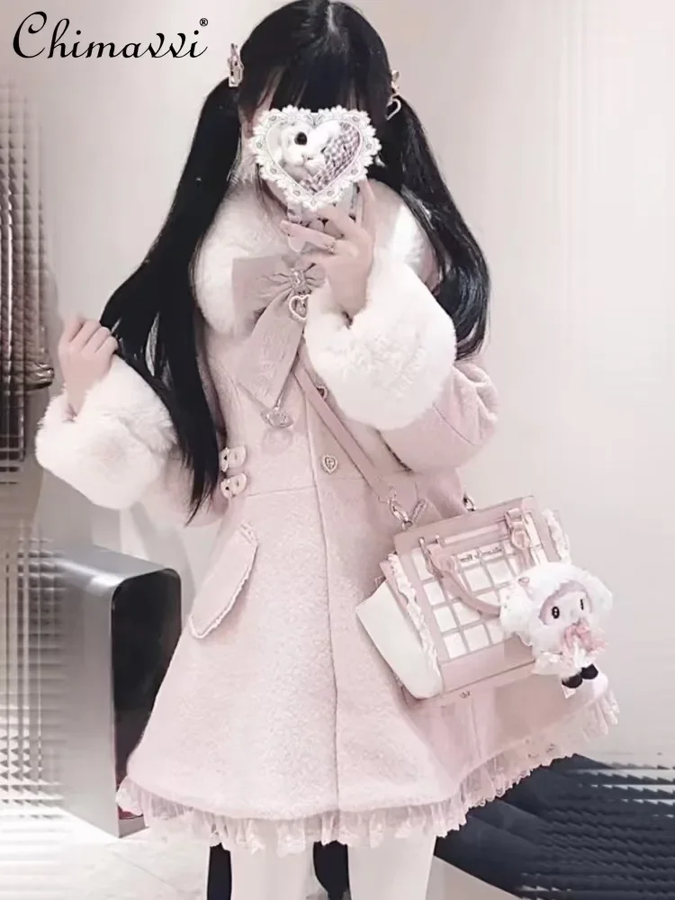 Новое зимнее длинное шерстяное пальто в японском стиле с милым бантом и