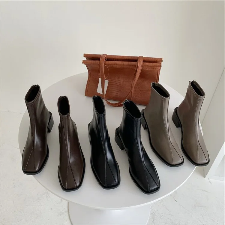 

Spring Autumn Short Boots Women's Version All-match Boots British Style Boots Square Toe Thick Heel Soft Leather Boots