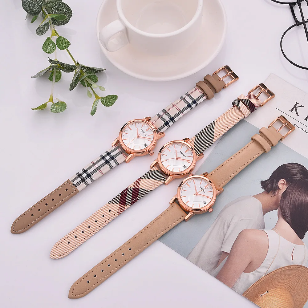 

TPOFHS fashion all-match British style belt women's watch with calendar temperament plaid stitching watch women