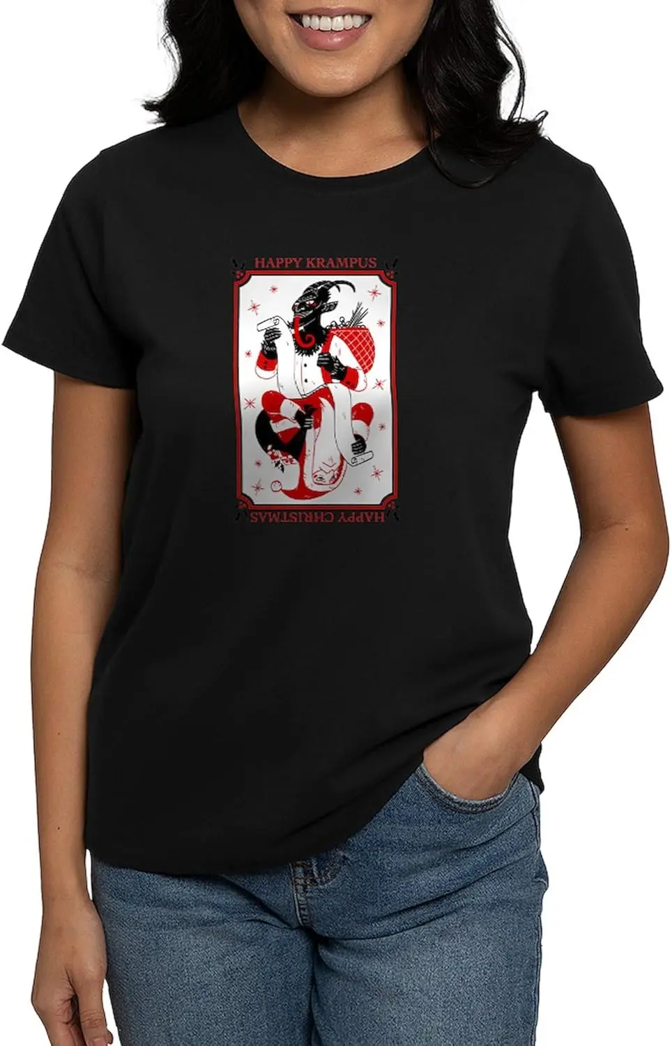głosatować koszulkę CafePress Happy Christmas Krampus. Жіноча бавовняна темна футболка