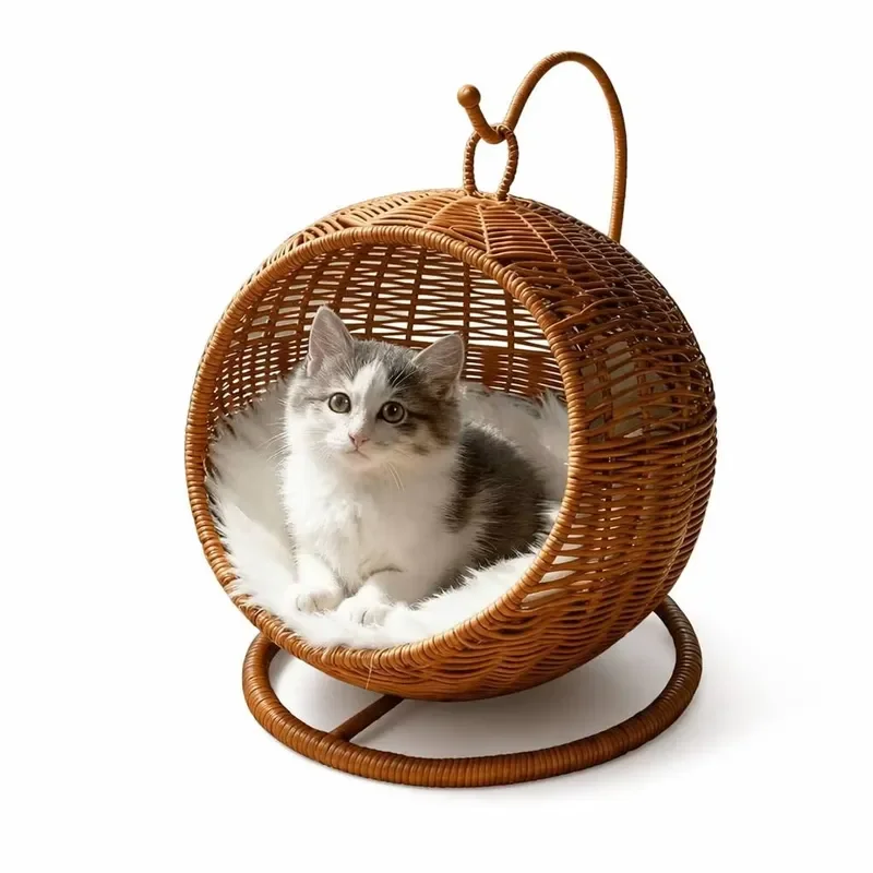 Плетеная вручную приподнятая лежанка для кошек с мягкой подушкой и корзиной в форме яйца, домик для кошек на подставке, приподнятый плетеный домик для кошек. (art.: 3920dced9613e) - 3920dced9613e