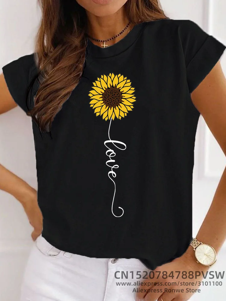 

Women Sunflower Printed Casual Basic O-Neck T shirt Young Girls Soft Hand Feel Y2K Harajuku T-shirts Female Tops Tees