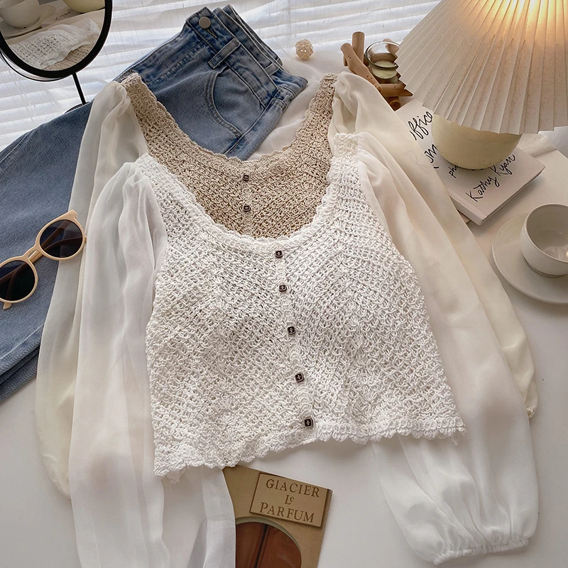 

OUMEA Crochet Tops Vintage for Women Buttons Front Crochet Casual Crochet Bodice With Sheer Chiffon Sleeve In White