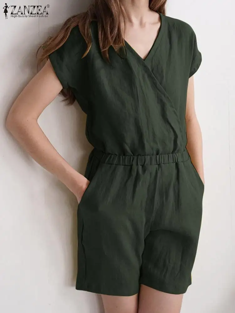 

Комбинезон ZANZEA женский хлопковый, однотонный Модный повседневный элегантный свободный ромпер с коротким рукавом, V-образным вырезом и карм...