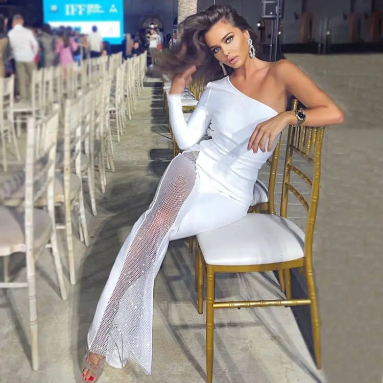 

European and American women's dress jumpsuit black long-sleeved wide-leg diamond mesh jumpsuit casual pants