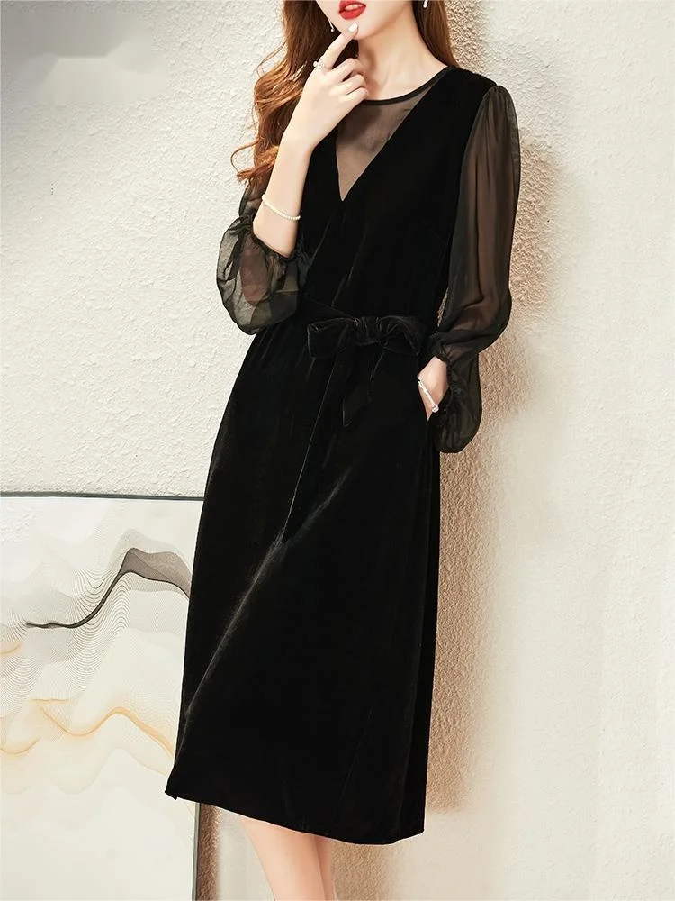 

Selling silk dress,2023 new black high-end gold velvet dress for women's spring and autumn long-sleeved noble foreign style velv