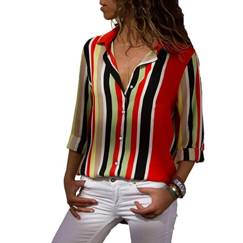 

Plus Size 2022 Summer New Fashion Tops for Women Striped Pattern V-neck Fashion Printed Long Sleeve Shirts Y2k Aesthetic