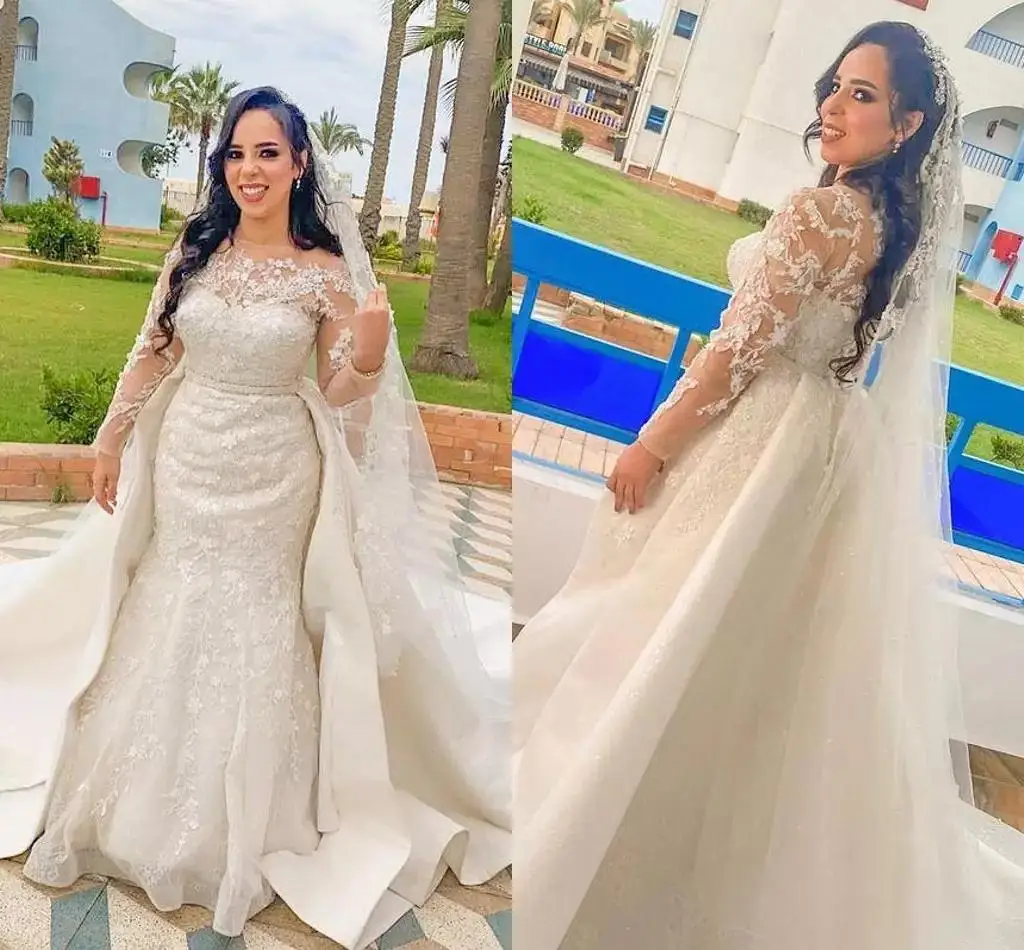 

Plus Size Dubai Bridal Gowns Arabic Aso Ebi Mermaid Wedding Gowns Detachable Train Long Sleeves Lace Appliqued Overskirts