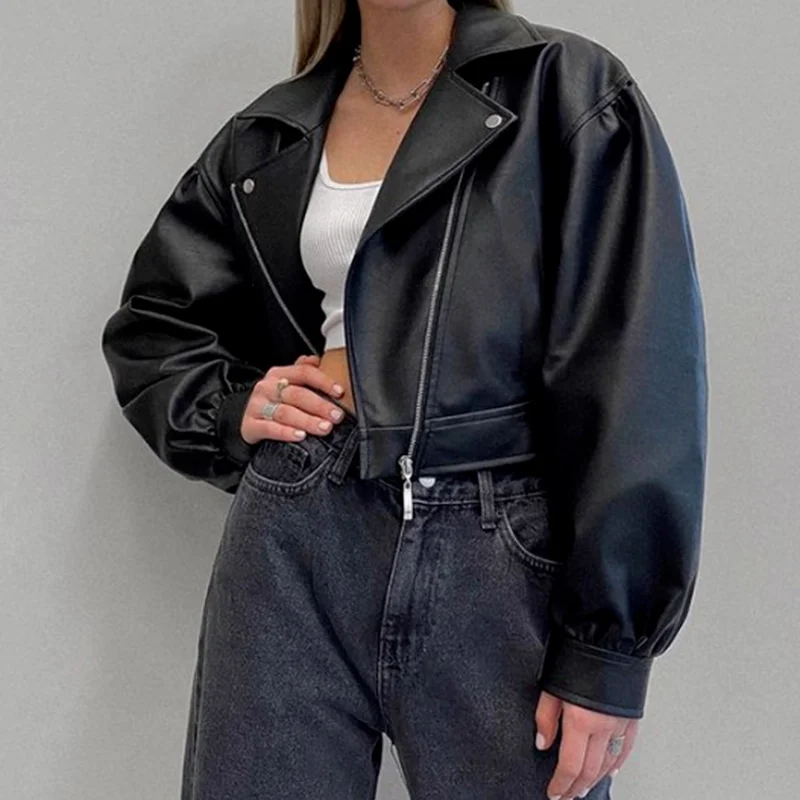 Autumn Faux PU Leather Black Puff Sleeve Blazer Jacket Casual Zipper Top Short Jacket Women's Lapel Black Motorcycle Jacket