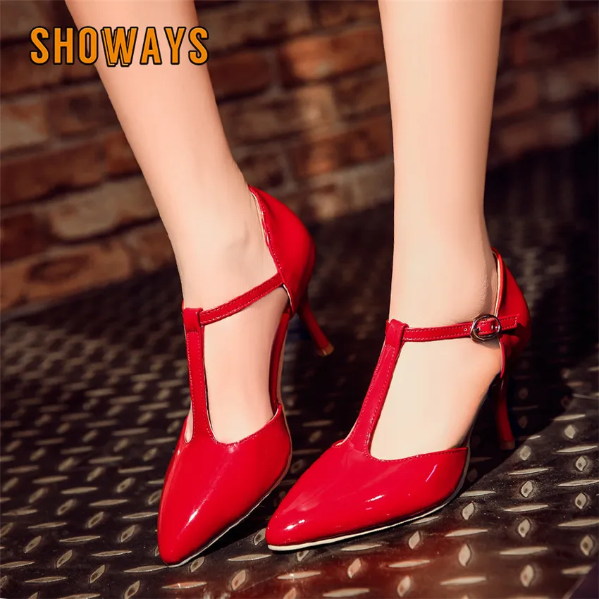 

Big Size Summer T-strap Women Pumps Black Red Patent Leather High Thin Heel Sandals Pointed Toe Party Dress Office Lady D'Orsays