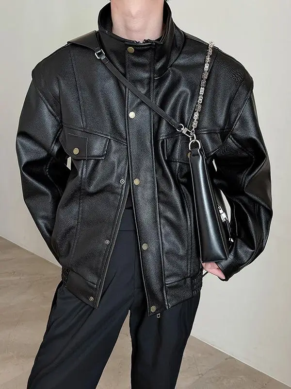 Кожаная куртка с американским воротником-стойкой мужская весенне-осенняя