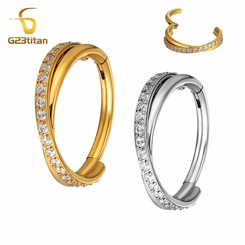 G23 Titanium Crystal Septum Clicker Piercing Jewelry 2 Lays Cartilage Earrings 16G Helix Earring Hoop Daith Ring Shiny Clear CZ