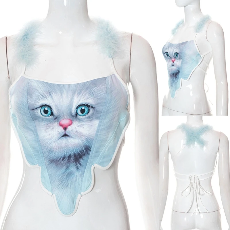 

Retro Kitten Print Sleeveless Tops Women Halter Corset Body Shaper Streetwear M6CD