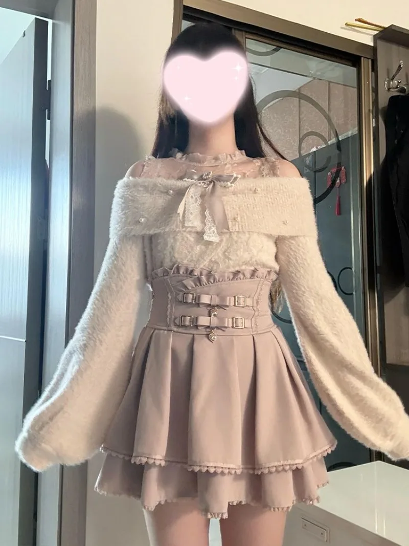 Фото Свитер с открытыми плечами в японском стиле Sweet Lolita + розовая юбка с высокой талией, комплекты на осень/зиму, новая милая одежда в стиле кавай для девочек №1