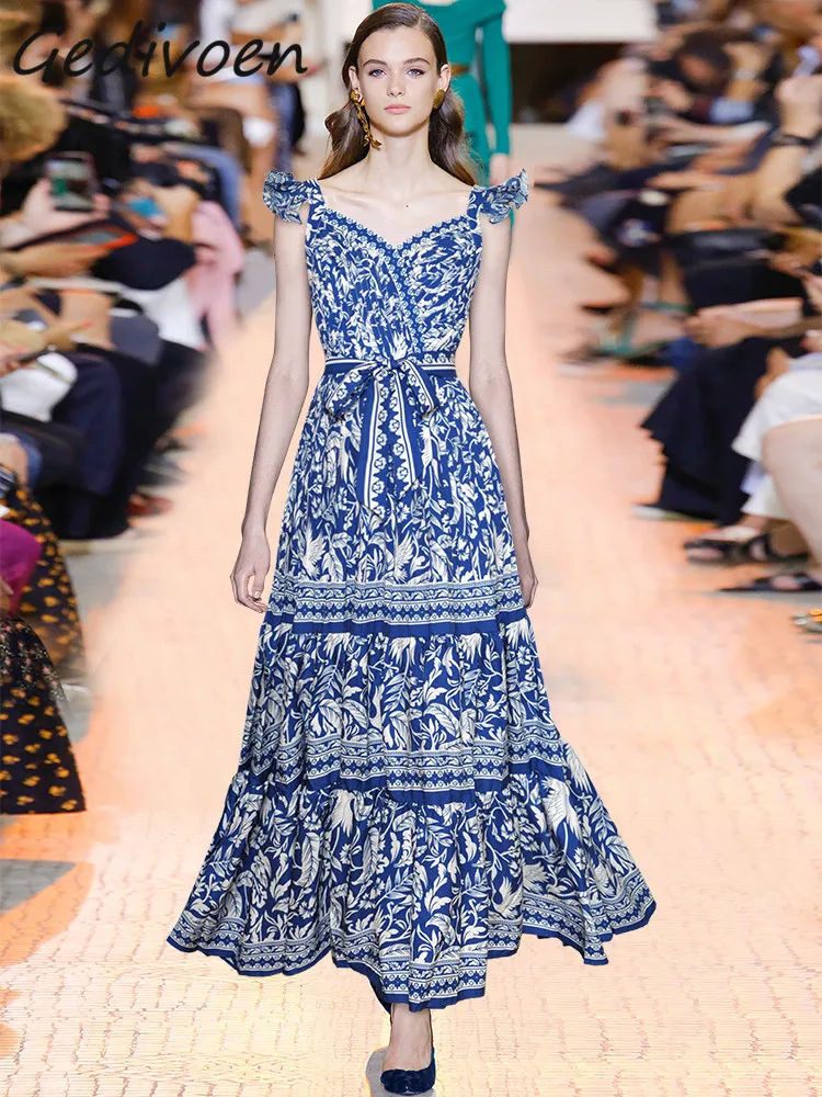 

Женское модельное винтажное платье на бретельках Gedivoen, длинное платье с V-образным вырезом и открытой спиной, сине-белое платье с фарфоровым принтом для лета