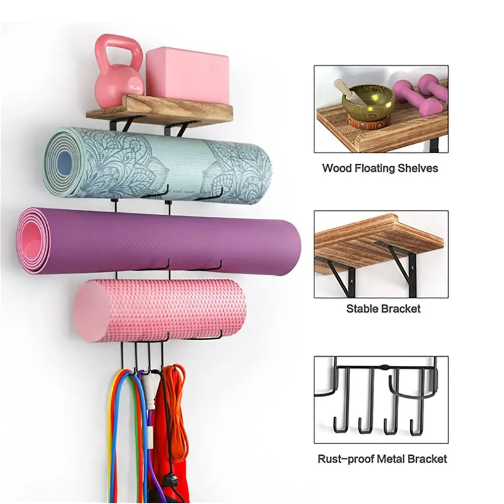 

Yoga Mat Holder Accessories Wall Mount Organizer Storage Decor Foam Roller and Towel Storage Rack with 4 Hooks and Wooden Shelve