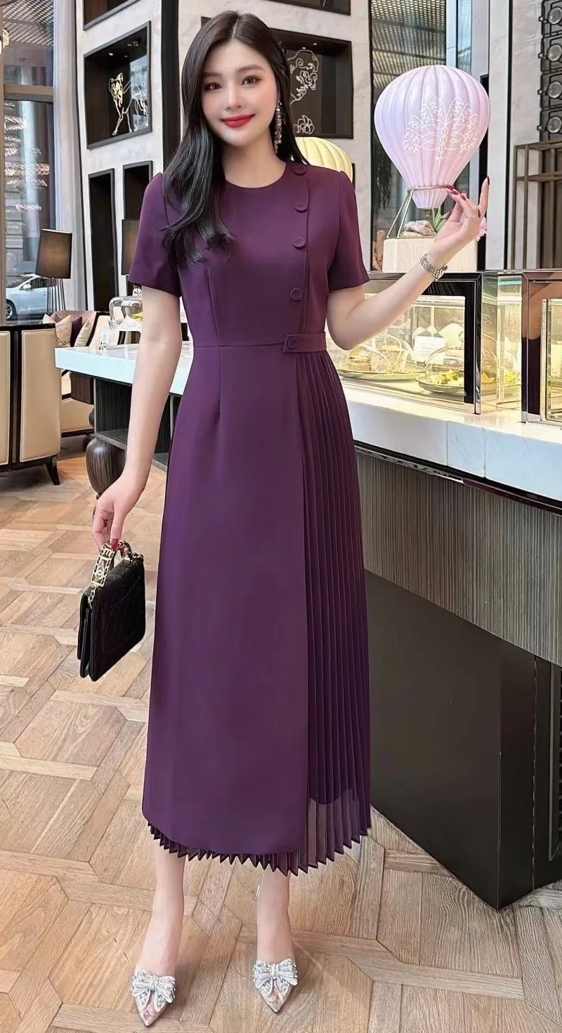 Женское Плиссированное Платье-туника фиолетовое или синее платье средней длины