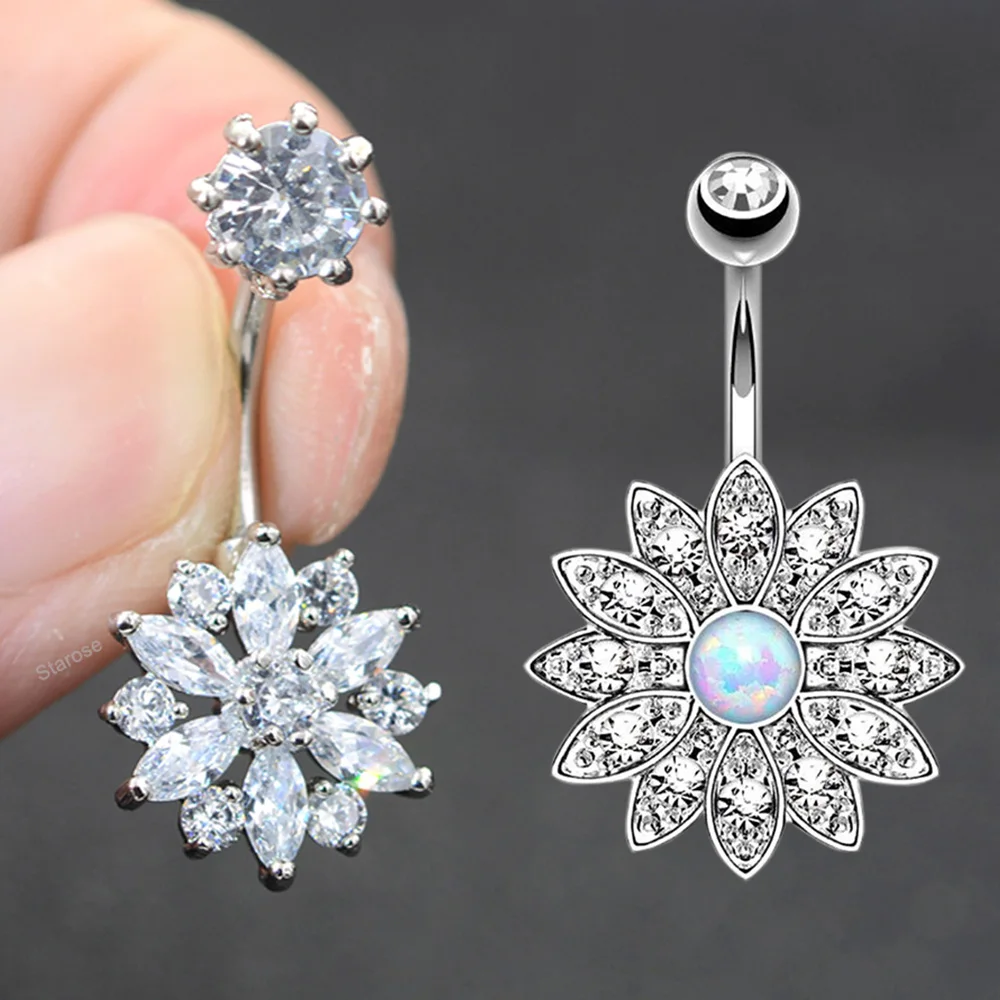 

14G Bar Zircon Snow Belly Piercing Nombril Gold Color Surgical Steel Drop Dangle Navel Ring Belly Button Rings Women Ear Jewelry