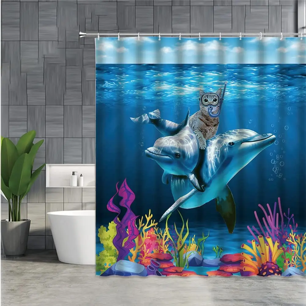 

Занавеска для душа с голубым океаном, забавная кошка, дельфин, подводная жизнь, растения, милая морская декоративная ткань, штора шторы с крю...