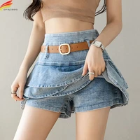 dfrcaeg 2022 summer high waist mini denim skirt women with belt korean style fashion ruffles a line elegant ladies jeans skirts