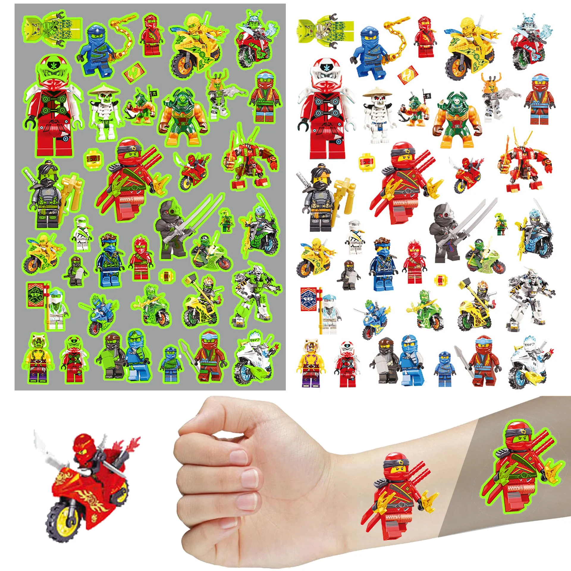 

Светящиеся наклейки-татуировки для детей, 1 шт., Мультяшные тематические ниндзя Legoing, временные водонепроницаемые татуировки, боди-арт, Детские искусственные татуировки