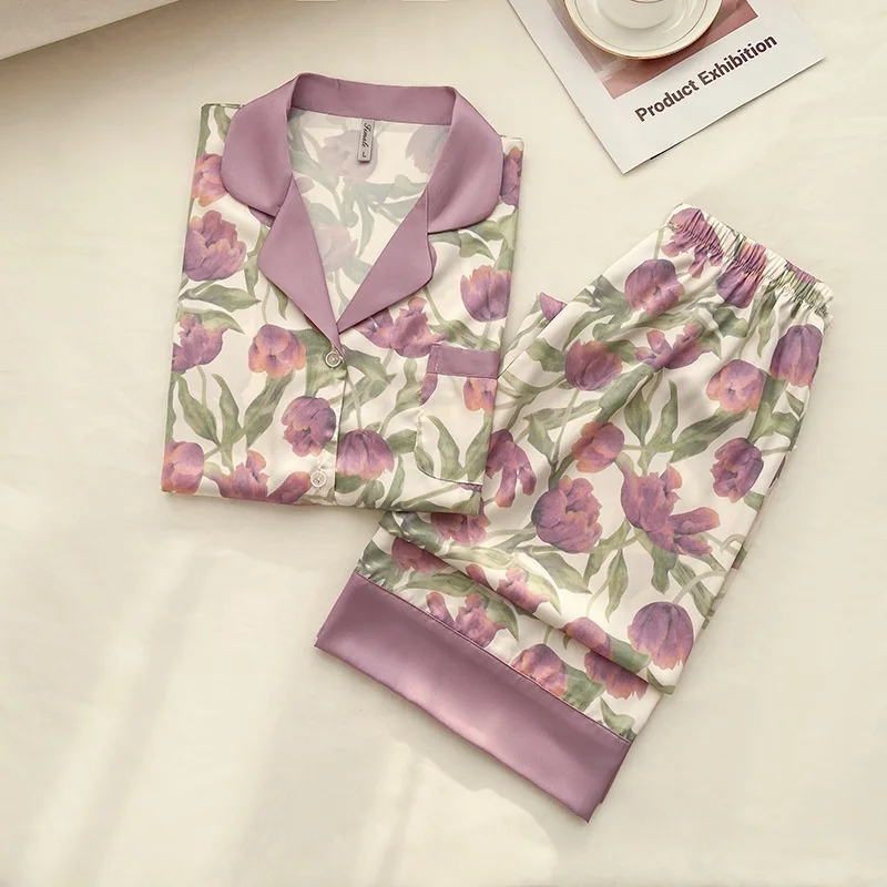 

Tulip Print Pajamas Women's Sweet Casual Pajama Set 2023 New Spring and Autumn Long Sleeve Suits Can Be Worn Out Sleepwear