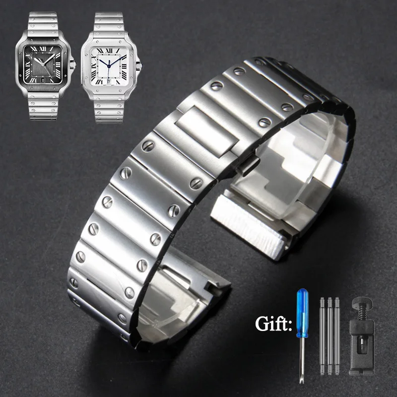 Фото Ремешок для часов из нержавеющей стали 21 мм для Cartier Santos WSSA0009 WHSA0010, быстросъемный сменный браслет-ремешок №1