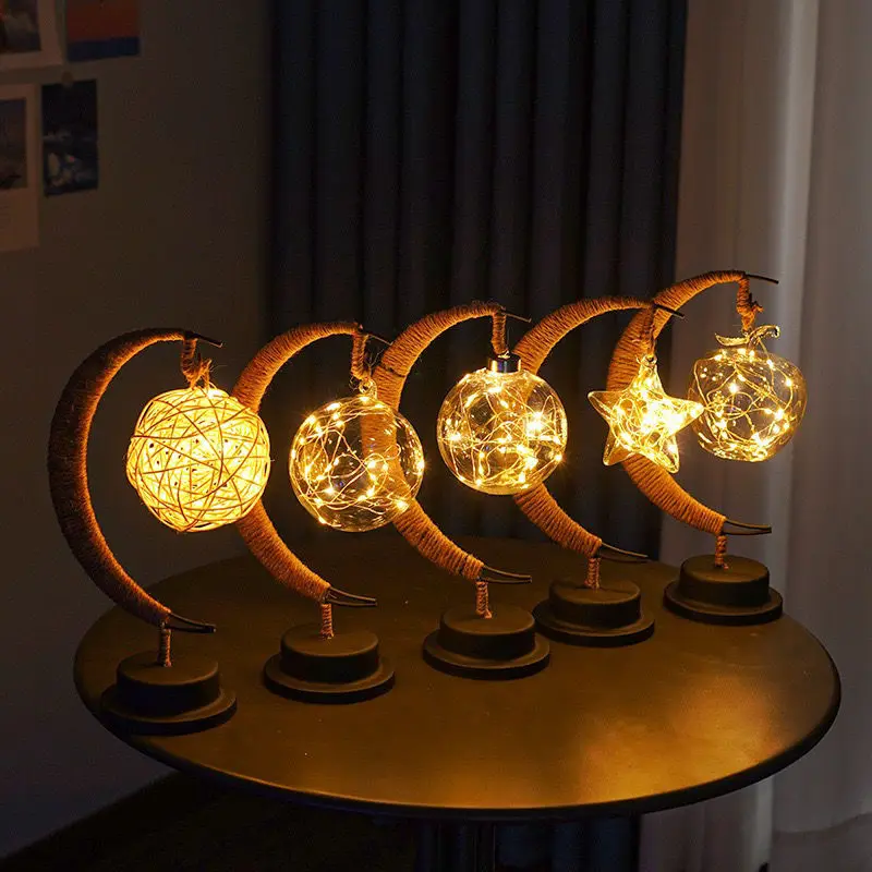 

LED Moon Light Hemp Rope Iron Art Sepak Takraw Ball Lamp Romantic Holiday Decor Night USB Base Christmas Gifts