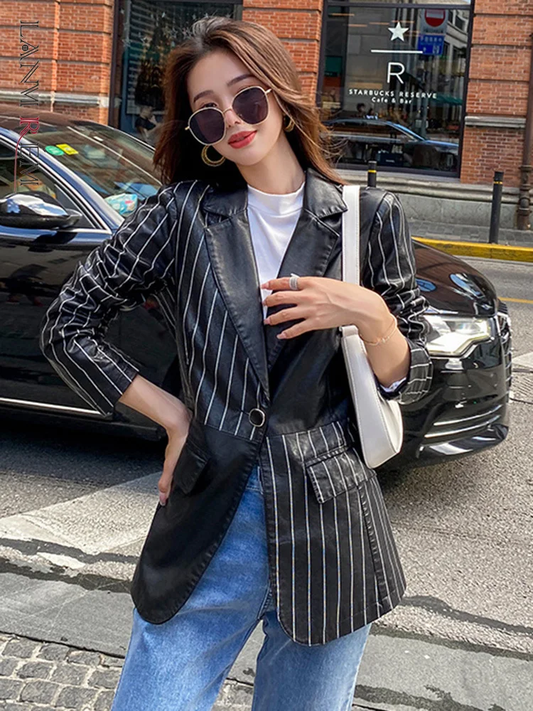 

LANMREM Spliced Contrast Color Striped Blazers Coat For Women Notched Long Sleeve Slim Outwar 2023 New Autumn Clothing 2Q1234