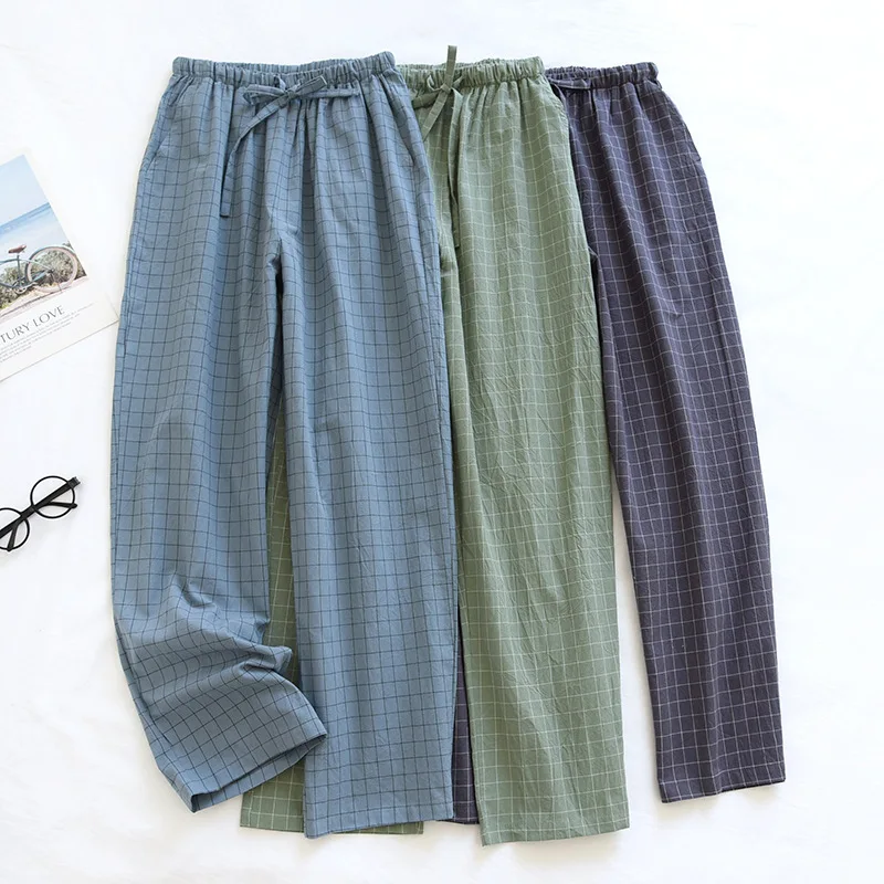 Cotton Pajamas Men's Trousers Pure Cotton Spring Autumn /Summer Japanese Plaid Home Pants Loose Home Plus Size Pajama Pants Men